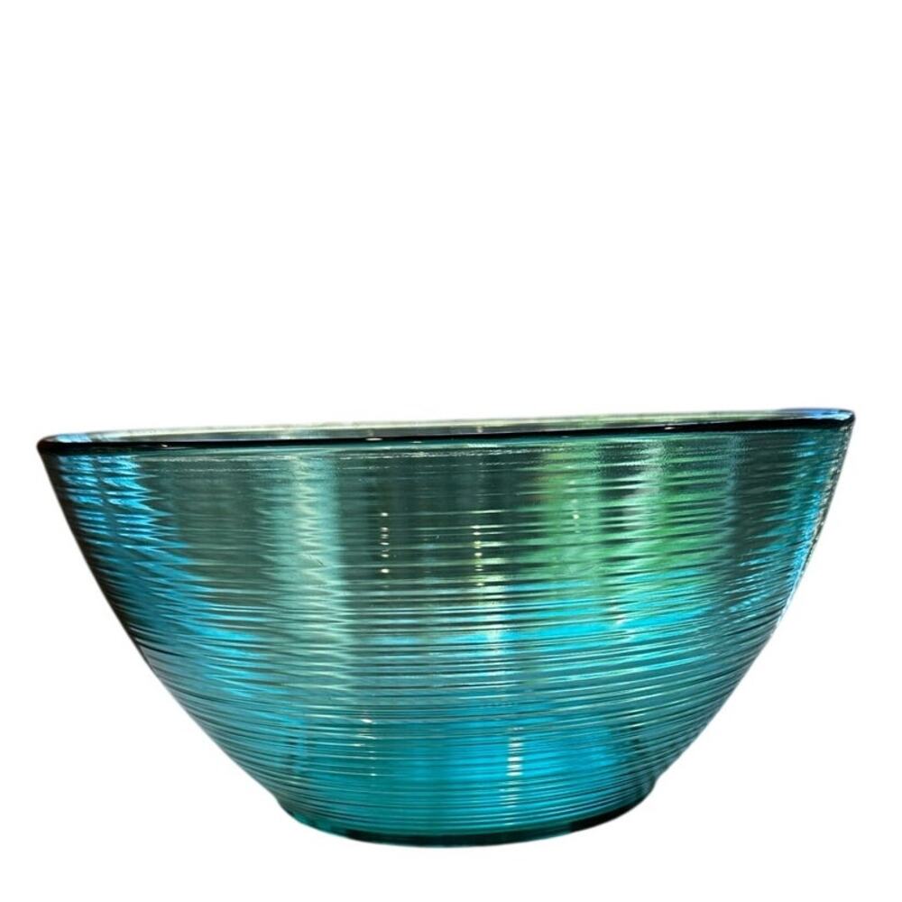 Arcoroc France Turquoise Jardiniere Pattern Ribbed Glass 9.25" Serving Bowl